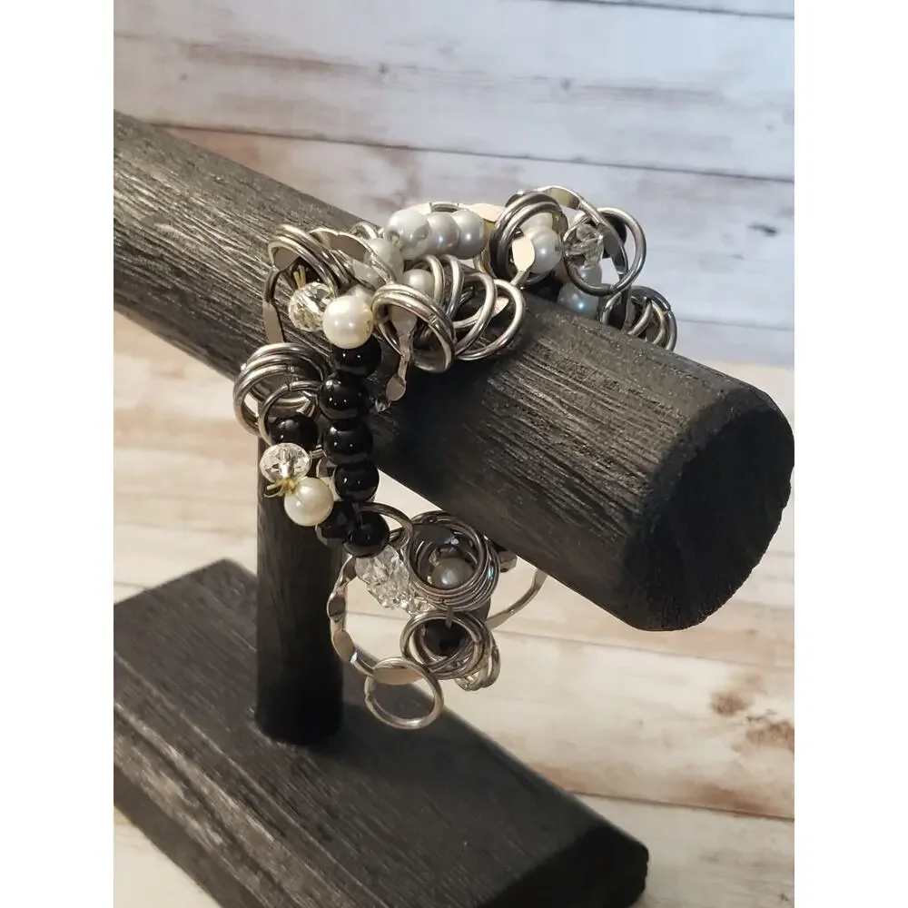 Vintage Stretch Bracelet / Bangle - Multi Material & Circles Statement Bracelet